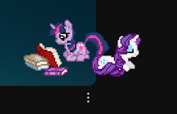 Size: 269x174 | Tagged: safe, rarity, twilight sparkle, pony, unicorn, g4, desktop ponies, digital art, female, horn, lesbian, lying down, mare, pixel art, ponyloaf, prone, screenshots, ship:rarilight, shipping, sprite, unicorn twilight