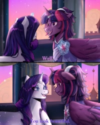 Size: 2000x2500 | Tagged: safe, artist:slapearl, rarity, twilight sparkle, alicorn, pony, unicorn, g4, alternate design, beautiful, comic, compliment, detailed background, dialogue, duo, duo female, english, female, horn, lesbian, lips, mare, open mouth, open smile, ship:rarilight, shipping, smiling, talking, twilight sparkle (alicorn)