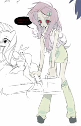 Size: 658x1024 | Tagged: safe, artist:wooodd_, fluttershy, human, pony, equestria girls, g4, chainsaw, duality, fluttershed, humanized, simple background, sketch, white background