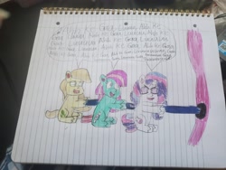 Size: 4032x3024 | Tagged: safe, artist:batman714, caramel latte, minty (g4), potion nova, pony, g4, g4.5, my little pony: pony life, lined paper, pulling, rope, singing, traditional art, tree, trio