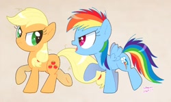 Size: 1062x632 | Tagged: safe, artist:lullapiies, applejack, rainbow dash, pony, g4, duo, duo female, female, filly, filly applejack, filly rainbow dash, simple background, younger