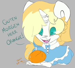 Size: 2262x2067 | Tagged: safe, artist:2hrnap, oc, oc:dyxkrieg, anthro, dialogue, food, fruit, orange, sweat