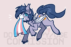 Size: 1000x673 | Tagged: safe, artist:maroonmads, oc, oc only, bat pony, pony, commission, pride, pride flag, solo, transgender pride flag, ych result