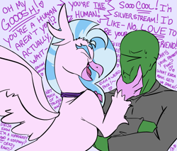 Size: 2457x2092 | Tagged: safe, artist:2hrnap, silverstream, oc, oc:anon, hippogriff, g4, cute, diastreamies, duo, duo male and female, female, male, motormouth