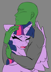 Size: 2585x3667 | Tagged: safe, artist:2hrnap, twilight sparkle, oc, oc:anon, alicorn, g4, comforting, crying, duo, duo male and female, eyes closed, female, gray background, hug, male, mare, open mouth, simple background, twilight sparkle (alicorn), winghug, wings