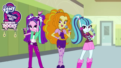 Size: 1557x884 | Tagged: safe, artist:mixiepie, artist:pregnacylove, editor:gigarainbowdasheqg, adagio dazzle, aria blaze, sonata dusk, rainbow rocks 10th anniversary, equestria girls, g4, my little pony equestria girls: rainbow rocks, 1000 years in photoshop, canterlot high, indoors, lockers, microphone, the dazzlings