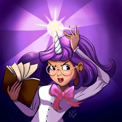 Size: 2048x2048 | Tagged: safe, artist:umanuma, twilight sparkle, human, g4, book, bowtie, clothes, dark skin, female, glasses, glowing, glowing horn, horn, horned humanization, humanized, magic, necktie, open mouth, shirt, solo