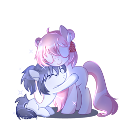 Size: 750x750 | Tagged: safe, artist:shichizhaola, earth pony, pony, ahoge, anime, bangs, base used, blank flank, colored eyelashes, description in comments, duo, duo female, eyelashes, eyes closed, female, filly, foal, hair bun, hair ribbon, happy sugar life, hug, lavender coat, lofter, pink coat, pink eyelashes, pink mane, pink tail, ponified, purple coat, purple mane, purple tail, ribbon, satou matsuzaka, shiny mane, shiny tail, shio kōbe, signature, simple background, sitting, solo, sparkles, tail, teenager, transparent background