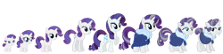 Size: 1475x360 | Tagged: safe, artist:dazzle, rarity, pony, unicorn, g4, age progression, clothes, coat, ear piercing, earring, eyeshadow, female, filly, foal, fur coat, gradient mane, grey hair, horn, jewelry, makeup, mare, older, older rarity, piercing, simple background, transparent background, younger