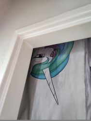 Size: 6120x8160 | Tagged: safe, princess celestia, alicorn, pony, g4, dakimakura cover, door, indoors, irl, photo, smuglestia, solo, soon, upside down