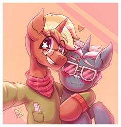 Size: 1362x1431 | Tagged: safe, artist:bkiltersot, fashion plate, trenderhoof, earth pony, pony, unicorn, g4, bandana, blonde mane, blushing, clothes, comb, duo, duo male, gay, glasses, horn, hug, male, passepartout, selfie, ship:trenderplate, smiling, starry eyes, wingding eyes