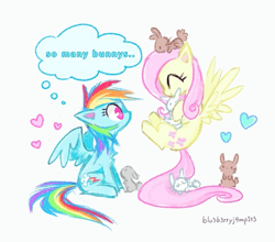 Size: 873x768 | Tagged: source needed, safe, artist:flutterberrypie, angel bunny, fluttershy, rainbow dash, pegasus, pony, rabbit, g4, animal, cute, duo, eyes closed, female, flying, grammar error, heart, hoof hold, lesbian, mare, raised hoof, ship:flutterdash, shipping, signature, sitting, wings