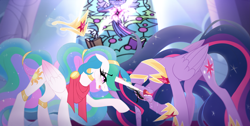 Size: 5197x2610 | Tagged: safe, artist:inspiredpixels, princess celestia, twilight sparkle, alicorn, pony, g4, concave belly, crown, crying, element of magic, ethereal mane, ethereal tail, folded wings, hoof shoes, immortality blues, indoors, jewelry, long mane, long tail, older, older twilight, older twilight sparkle (alicorn), peytral, princess shoes, princess twilight 2.0, raised hoof, regalia, slender, tail, tall, thin, twilight sparkle (alicorn), wings