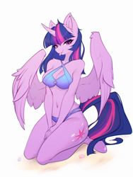 Size: 3000x4000 | Tagged: safe, artist:vincher, twilight sparkle, alicorn, anthro, unguligrade anthro, g4, :p, beach, bikini, breasts, clothes, female, kneeling, simple background, solo, swimsuit, tongue out, twilight sparkle (alicorn), white background