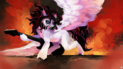 Size: 2560x1440 | Tagged: safe, artist:krapinkaius, oc, oc only, oc:lunylin, pegasus, pony, rainbow rocks 10th anniversary, collar, corpse paint, ear piercing, female, female oc, guitar, heterochromia, hoof hold, mare, mare oc, musical instrument, open mouth, pegasus oc, pentagram, piercing, raised hoof, smoke, solo, spread wings, stage, unshorn fetlocks, wings