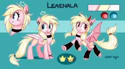 Size: 3600x2000 | Tagged: safe, artist:anotherdeadrat, oc, oc only, oc:leaenala, bat pony, pegasus, pony, bat pony oc, bat wings, blonde hair, blonde tail, blue eyes, bracelet, choker, clothes, collar, crown, ear piercing, earring, eyelashes, fangs, feathered wings, female, fluffy hair, fluffy mane, fluffy tail, flying, folded wings, full body, hair ribbon, horn, jewelry, lmare, long hair, looking at you, multicolored hair, multicolored mane, multicolored tail, pegasus oc, pegasus wings, piercing, pigtails, pink coat, ponytail, red eyes, reference sheet, regalia, ribbon, side view, simple background, smiling, smiling at you, solo, spread wings, standing, stockings, striped hair, striped mane, striped tail, tail, thigh highs, two toned hair, two toned mane, two toned tail, wall of tags, white hair, white tail, wings