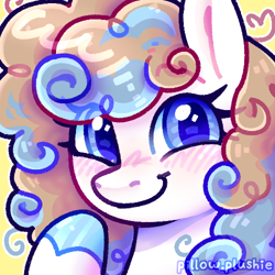 Size: 500x500 | Tagged: safe, artist:pillow.plushie, earth pony, blue eyes, blushing, bust, commission, commission open, female, headshot commission, icon, mare, pfp, portrait