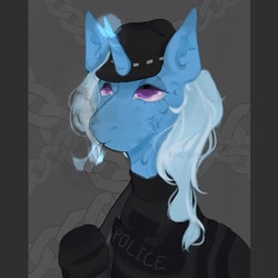 Size: 1296x1296 | Tagged: safe, artist:kaczkokot88, trixie, pony, unicorn, g4, abstract background, armor, baseball cap, blunt, cap, cheek fluff, clothes, drug use, drugs, ear fluff, female, gun, hat, horn, magic, mare, marijuana, police, police uniform, rifle, smoking, solo, telekinesis, weapon