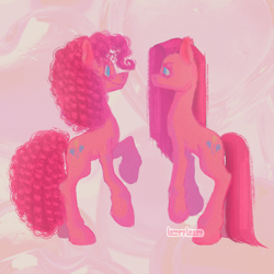 Size: 1500x1500 | Tagged: safe, artist:lompyloops, pinkie pie, earth pony, pony, g4, abstract background, alternate hairstyle, duality, female, looking at each other, looking at someone, mare, pinkamena diane pie