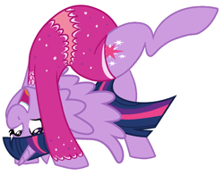 Size: 1288x1010 | Tagged: safe, artist:/d/non, artist:retroguy1990, twilight sparkle, alicorn, pony, g4, acrobatics, backbend, belly, clothes, female, gymnastics, leotard, mare, plump, potbelly, round belly, simple background, solo, spread wings, stomach, stretching, twilight sparkle (alicorn), white background, wings