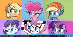 Size: 1711x879 | Tagged: safe, screencap, applejack, fluttershy, pinkie pie, rainbow dash, rarity, twilight sparkle, alicorn, earth pony, pegasus, pony, unicorn, g4, g4.5, my little pony: pony life, playwright or wrong, female, fluttermime, horn, mane six, mare, mime, twilight sparkle (alicorn)