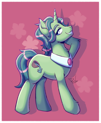 Size: 1780x2185 | Tagged: safe, artist:bkiltersot, birch bucket, pony, unicorn, g4, flower, hooves behind head, horn, jewelry, looking at you, male, passepartout, rose, smiling, solo, stallion