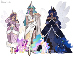 Size: 3244x2556 | Tagged: safe, artist:linatron, princess cadance, princess celestia, princess luna, alicorn, human, g4, female, horn, horned humanization, humanized, simple background, trio, trio female, white background, winged humanization, wings