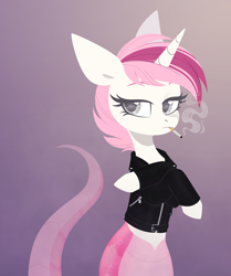 Size: 2508x3000 | Tagged: safe, artist:belka-sempai, oc, oc only, oc:sweet irony, lamia, original species, snake, snake pony, unicorn, bored, cigarette, clothes, crossed arms, gradient background, horn, jacket, smoking, snakepony, solo