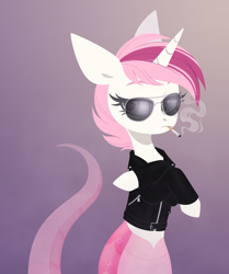 Size: 2508x3000 | Tagged: safe, artist:belka-sempai, oc, oc only, oc:sweet irony, lamia, original species, snake, snake pony, unicorn, bored, cigarette, clothes, crossed arms, gradient background, horn, jacket, smoking, snakepony, solo, sunglasses