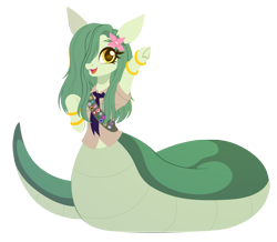 Size: 4106x3579 | Tagged: safe, artist:belka-sempai, oc, oc only, oc:lamey, lamia, original species, big tail, bracelet, flower, flower in hair, hair over one eye, jewelry, long hair, looking at you, merit badge, scout uniform, simple background, smiling, smiling at you, solo, tail, thick tail, transparent background, waving, waving at you, wide hips