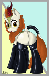 Size: 1797x2773 | Tagged: safe, artist:aubs, artist:derpy_fan, autumn blaze, kirin, g4, blazebutt, butt, clothes, female, horn, latex, latex socks, looking back, mare, newbie artist training grounds, open mouth, passepartout, plot, socks, solo, tail, tail sleeve