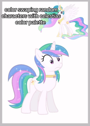 Size: 567x792 | Tagged: safe, princess celestia, oc, oc:spring starflower, unicorn, g4, choker, cute, duo, female, horn, not lyra, palette swap, recolor, trans female, transgender