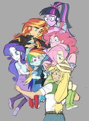 Size: 1280x1753 | Tagged: safe, artist:takoishi, applejack, fluttershy, pinkie pie, rainbow dash, rarity, sci-twi, sunset shimmer, twilight sparkle, human, equestria girls, equestria girls specials, g4, my little pony equestria girls: mirror magic, alternate design, applejack's hat, applejacked, bangs, belt, boots, carrying, clothes, colored eyebrows, colored sketch, cowboy hat, curly hair, cutie mark accessory, cutie mark hair accessory, cutie mark on clothes, denim, dot eyes, dress, eyebrows, eyebrows visible through hair, eyelashes, freckles, frown, glasses, gray background, gritted teeth, hair accessory, hairclip, hat, high tops, holding each other, humane five, humane seven, humane six, jacket, jeans, knee high boots, leather, leather jacket, long hair, looking down, muscles, pants, pencil skirt, physique difference, ponytail, ringlets, rolled up sleeves, scene interpretation, shirt, shoes, simple background, sketch, skirt, sneakers, spiky hair, stetson, straight hair, sweater vest, t-shirt, teeth, tied hair