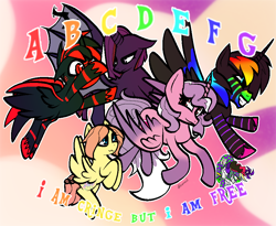 Size: 920x754 | Tagged: safe, artist:kharmacal, oc, oc only, oc:crimson death, oc:gentle shy, oc:german pringles, oc:hollow tears, oc:nighttime lights, oc:princess praeludere, pony, colorful, spread wings, wings