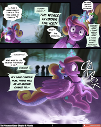 Size: 3541x4440 | Tagged: safe, artist:angusdra, artist:lummh, princess cadance, princess celestia, prismia, alicorn, pony, comic:the princess of love, g4, bed, blurry background, comic, crown, female, floating, glowing, glowing horn, high res, horn, ice, jewelry, magic, mare, necklace, pendant, peytral, regalia, snow, speech bubble, teen princess cadance, telepathy, thought bubble, tree, wings, younger