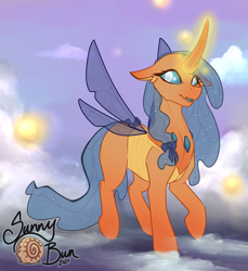 Size: 2024x2208 | Tagged: safe, artist:sunnybun, oc, oc only, alicorn, changedling, changeling, alicorn oc, blue mane, changeling oc, glowing, glowing horn, horn, insect wings, magic, magic aura, orange coat, outdoors, solo, wings