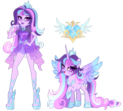 Size: 3768x3412 | Tagged: safe, artist:gihhbloonde, oc, oc only, alicorn, human, pony, equestria girls, g4, bracelet, clothes, colored wings, crystal wings, female, fishnet clothing, gradient mane, gradient tail, gradient wings, hand on hip, high heels, hoof shoes, human ponidox, jewelry, magical lesbian spawn, mare, offspring, open mouth, open smile, parent:princess cadance, parent:rainbow dash, parents:cadash, peytral, princess shoes, raised hoof, self paradox, self ponidox, shoes, simple background, smiling, solo, sparkly mane, sparkly tail, spread wings, standing, tail, tiara, transparent background, wings