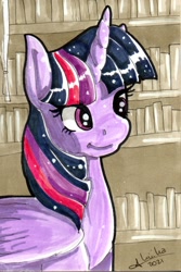 Size: 776x1165 | Tagged: safe, artist:fleiiha, twilight sparkle, alicorn, pony, g4, book, bookshelf, female, horn, indoors, mare, marker drawing, signature, solo, traditional art, twilight sparkle (alicorn), wings