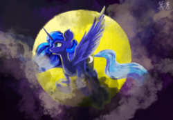 Size: 2360x1640 | Tagged: safe, artist:genial.潇, princess luna, alicorn, pony, g4, cloud, cloudy, female, flying, full moon, mare, moon, night, outdoors, solo, spread wings, wings