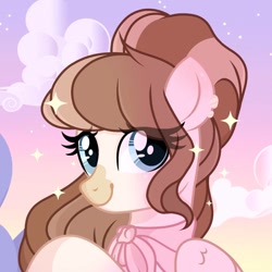 Size: 1220x1220 | Tagged: safe, artist:cstrawberrymilk, oc, oc only, oc:strawberry milk, pegasus, pony, bangs, base used, blue eyes, blushing, brown mane, bust, cloud, coat markings, cream coat, ear blush, ear piercing, earring, eye clipping through hair, eyelashes, facial markings, female, folded wings, icon, jewelry, mare, neckerchief, outdoors, piercing, portrait, profile picture, raised hoof, screencap background, sky, smiling, snip (coat marking), solo, sparkles, stars, three quarter view, tied mane, two toned mane, wings