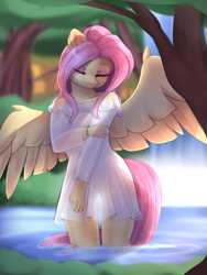 Size: 2304x3072 | Tagged: safe, artist:taiweiart, fluttershy, pegasus, anthro, g4, clothes, dress, female, frilly dress, legs in the water, outdoors, partially submerged, see-through, see-through dress, solo, spread wings, standing in water, submerged, tree, water, waterfall, wings