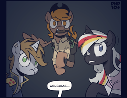 Size: 1485x1154 | Tagged: safe, artist:php104, oc, oc only, oc:calamity, oc:littlepip, oc:velvet remedy, pegasus, pony, unicorn, fallout equestria, g4, bandage, battle saddle, clothes, dress, female, flying, gun, handgun, horn, jumpsuit, little macintosh, revolver, simple background, speech bubble, trio, vault suit, weapon