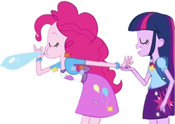 Size: 3538x2520 | Tagged: safe, edit, edited screencap, editor:homersimpson1983, screencap, pinkie pie, twilight sparkle, human, equestria girls, g4, background removed, balloon, duo, duo female, female, not a vector, simple background, transparent background