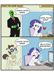 Size: 1280x1768 | Tagged: artist needed, safe, gizmo, rarity, oc, oc:anon, earth pony, human, pony, unicorn, g4, bowtie, bucktooth, chair, clothes, comic, computer, dialogue, eyeshadow, female, glasses, horn, looking at each other, looking at someone, magic, magic aura, makeup, male, mare, meme, necktie, office, office chair, open mouth, phone, ponified meme, question mark, shirt, shirt with a collar, speech bubble, stallion, suit, telekinesis