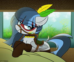 Size: 1338x1120 | Tagged: safe, artist:andaluce, oc, oc:haze northfleet, pegasus, pony, bed, bedroom eyes, bound wings, brazil, bridle, clothes, collar, ear fluff, eyebrows, eyebrows visible through hair, facial markings, feather, female, hockless socks, mare, markings, native american, saddle, smiling, socks, solo, tack, window, wings