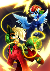 Size: 1783x2528 | Tagged: safe, artist:buvanybu, applejack, mistress marevelous, rainbow dash, zapp, earth pony, pegasus, pony, duo, female, mare, power ponies