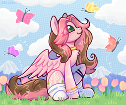 Size: 1200x1000 | Tagged: safe, artist:pillow.plushie, oc, oc only, butterfly, pegasus, pony, art trade, eye clipping through hair, female, flower, full body, mare, outdoors, solo, tulip