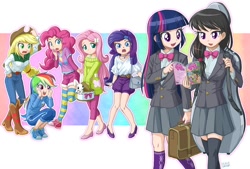 Size: 1234x834 | Tagged: safe, artist:uotapo, color edit, edit, editor:overlord 2, angel bunny, applejack, fluttershy, octavia melody, pinkie pie, rainbow dash, rarity, twilight sparkle, alicorn, human, pony, rabbit, equestria girls, g4, animal, cello case, comic book, comments locked down, female, graveyard of comments, human coloration, humane five, humane six, light skin, light skin edit, skin color edit, twilight sparkle (alicorn)