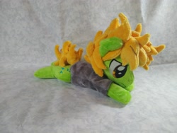 Size: 4096x3072 | Tagged: safe, artist:bluedragonflyplush, earth pony, pony, all time low, clothes, commission, frown, irl, lidded eyes, lying down, male, photo, plushie, ponified, prone, shirt, solo, stallion, t-shirt, zack merrick