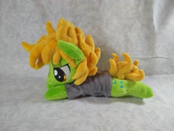 Size: 4096x3072 | Tagged: safe, artist:bluedragonflyplush, earth pony, pony, all time low, clothes, commission, frown, irl, lidded eyes, lying down, male, photo, plushie, ponified, prone, shirt, solo, stallion, t-shirt, zack merrick